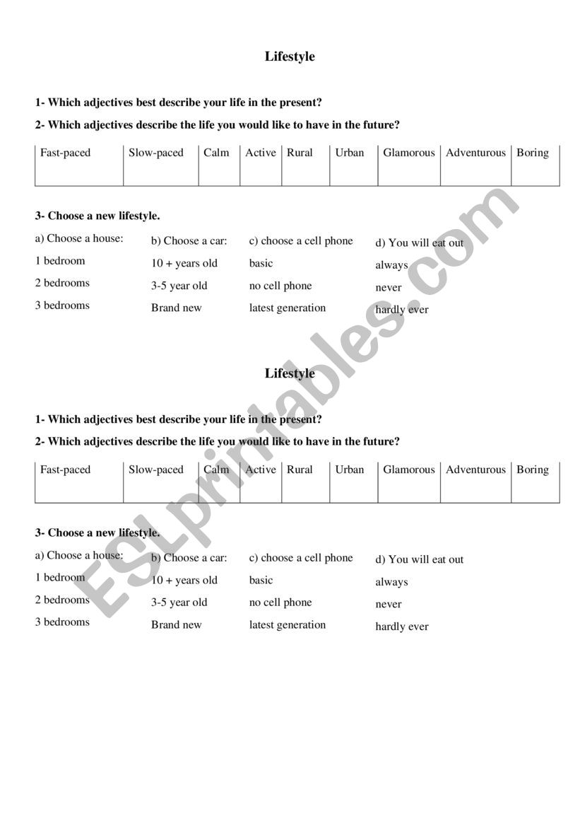 Life Style Activity worksheet