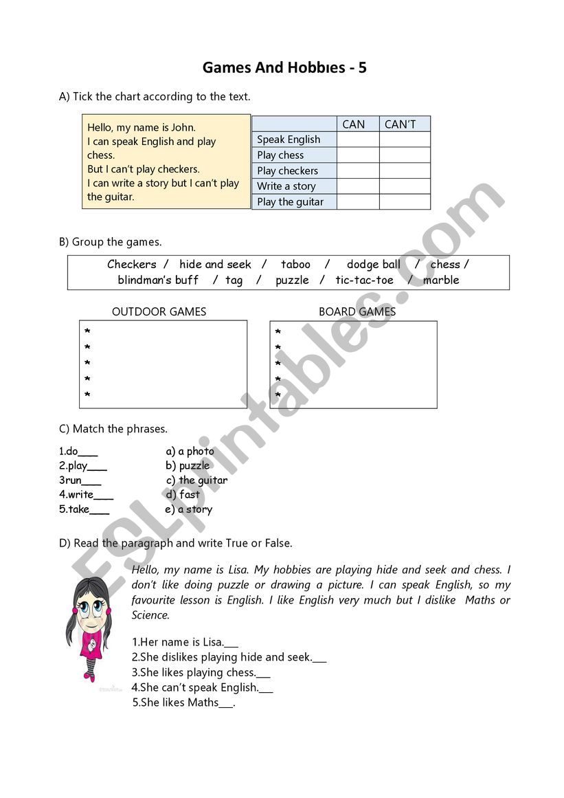 Games and hobbies worksheet