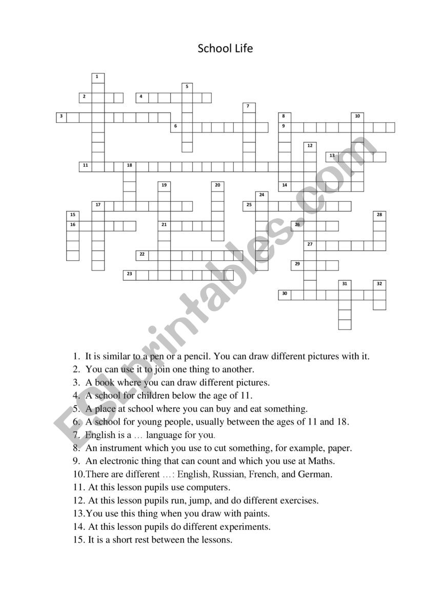 Crossword school life worksheet