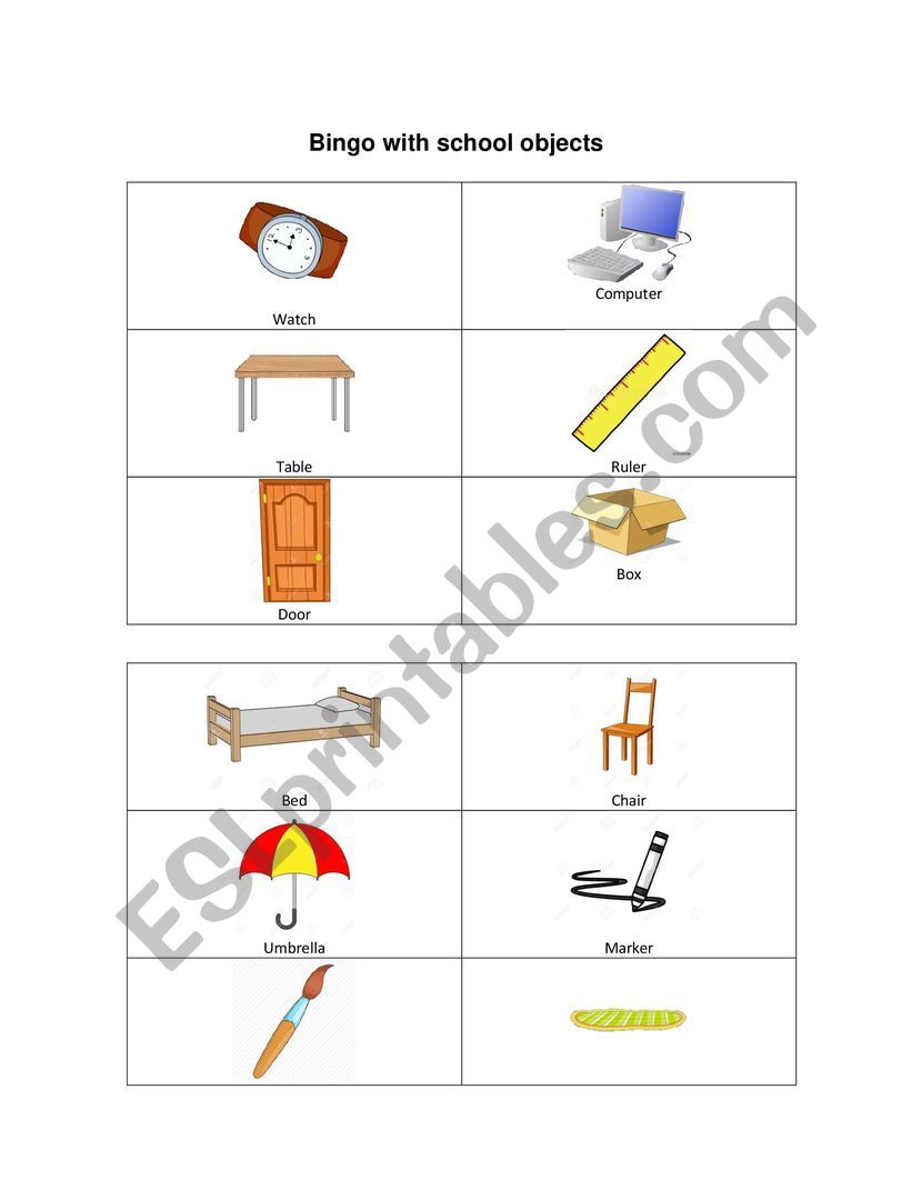 Bingo with school objects worksheet
