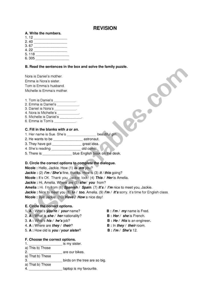 REVISION worksheet