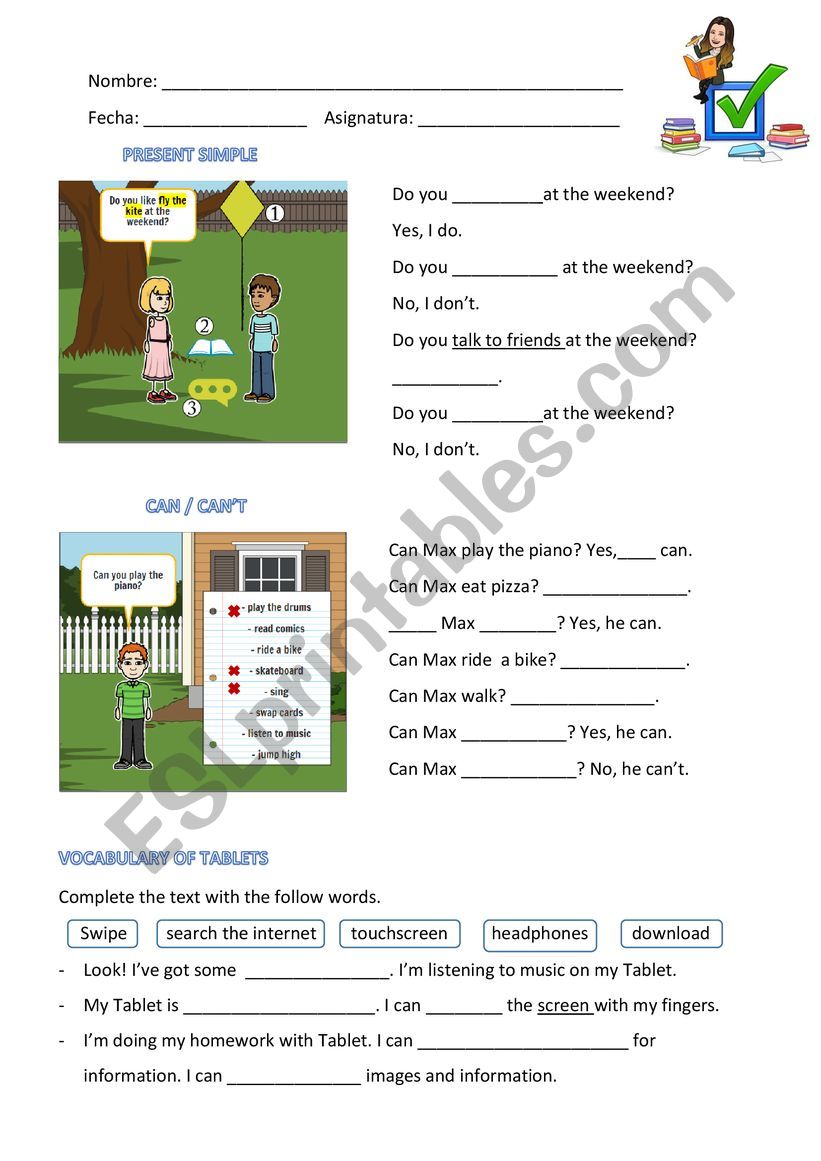 Vocabulary and can/can�t worksheet