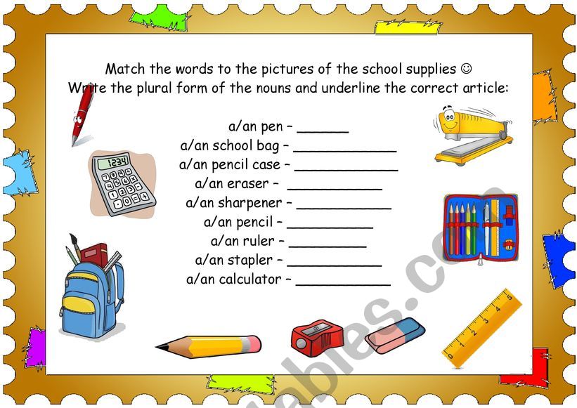 Plural form of nouns. Classroom objects