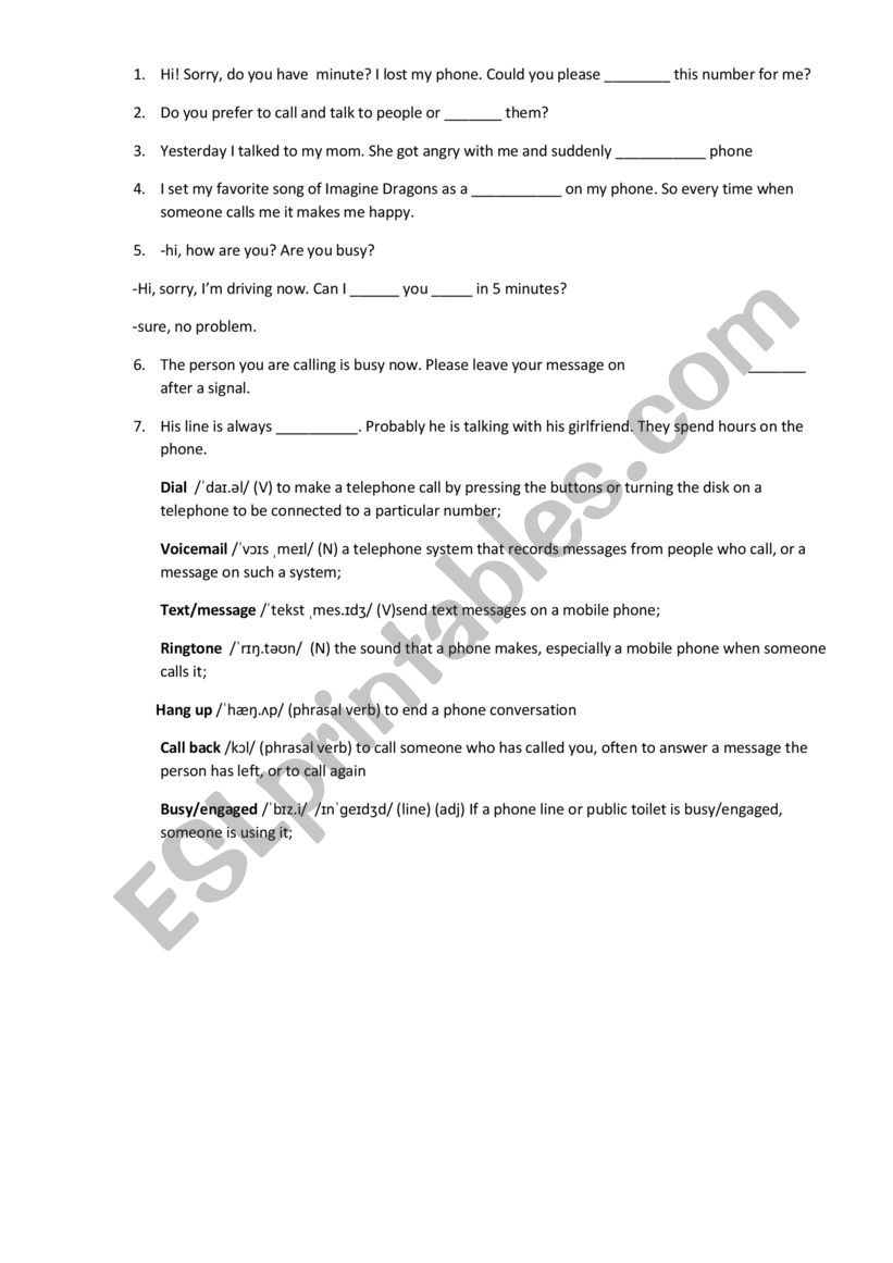 phone  vocabulary worksheet