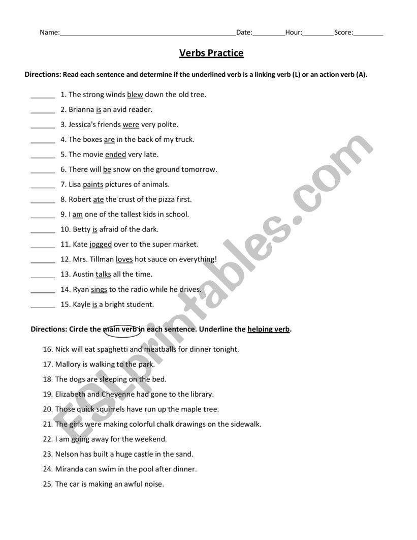 Identifying verbs worksheet worksheet