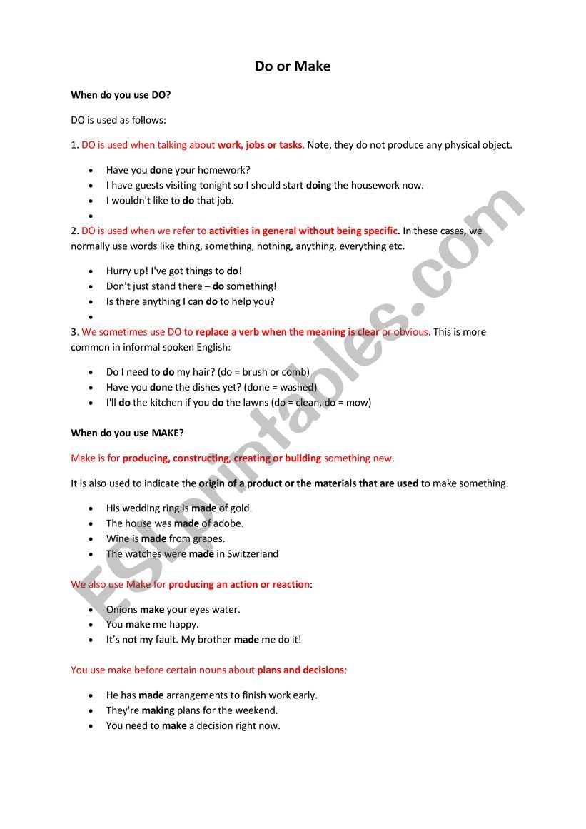 DO and MAKE worksheet