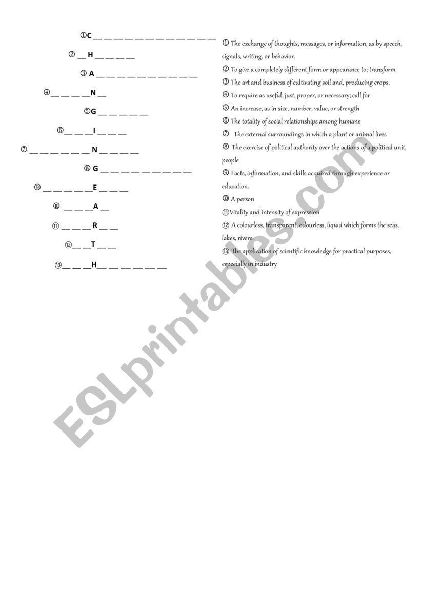 Changing earth - crossword worksheet