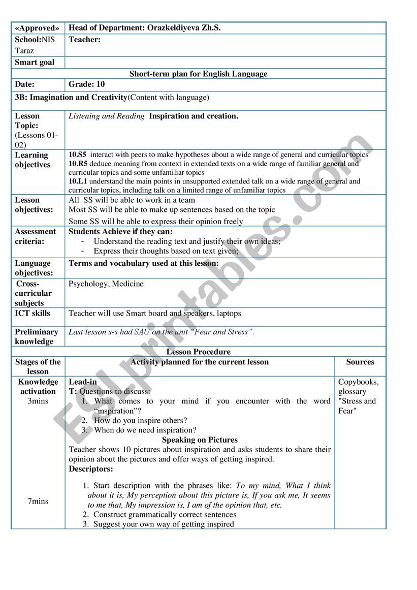 Lesson plan worksheet