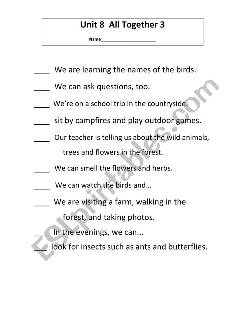 All Together 3 Unit 8 Reading Paragraph supplementary worksheets