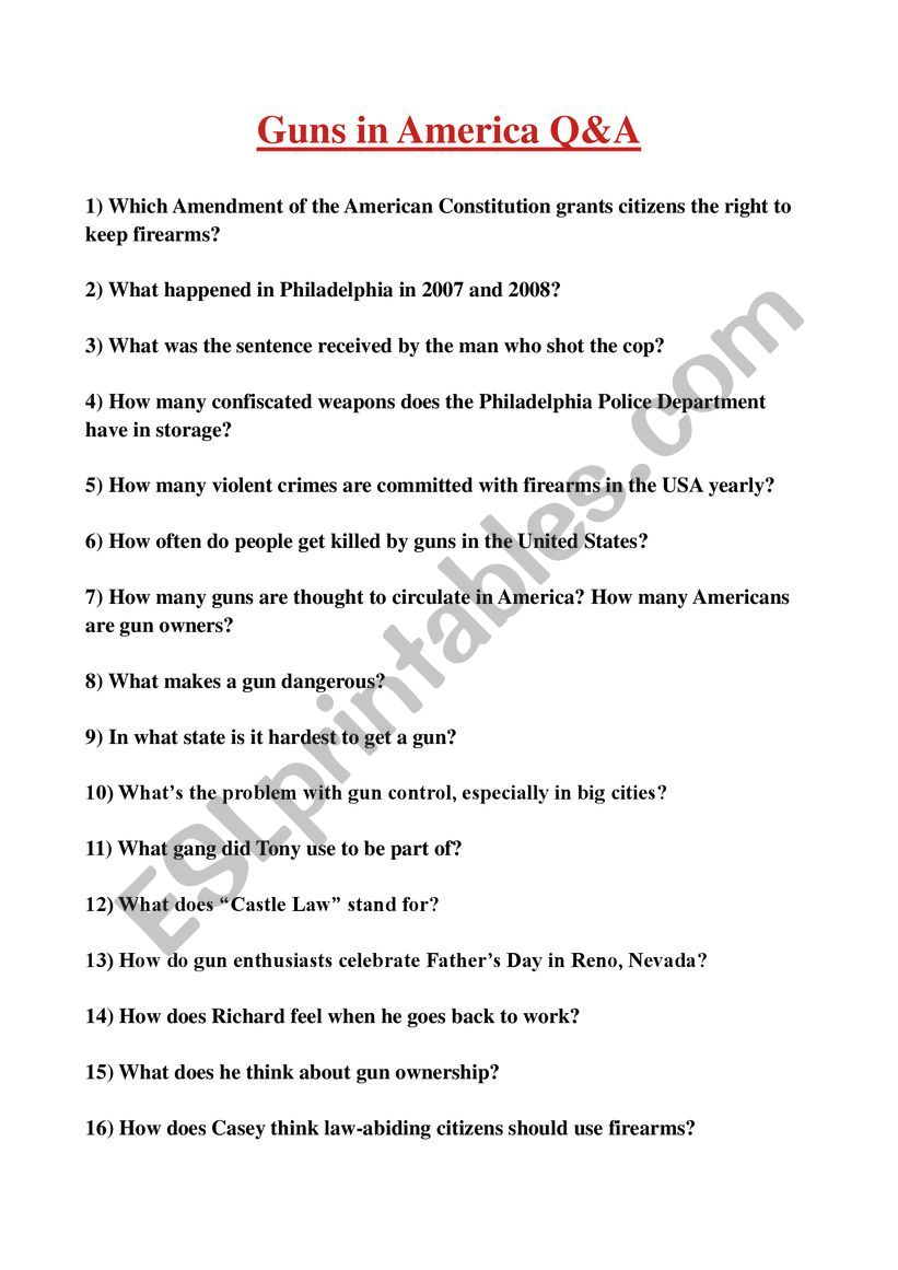 Guns In America Q&A worksheet