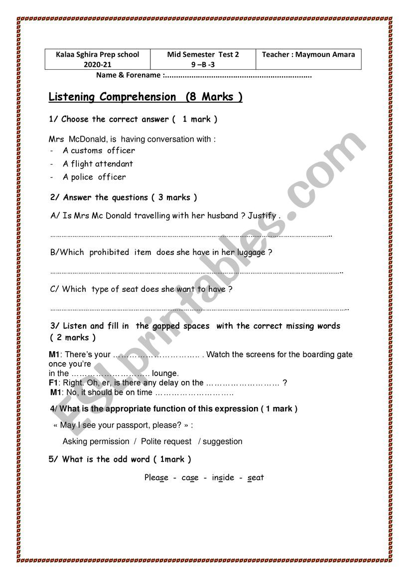 9th form test -semester 2 worksheet