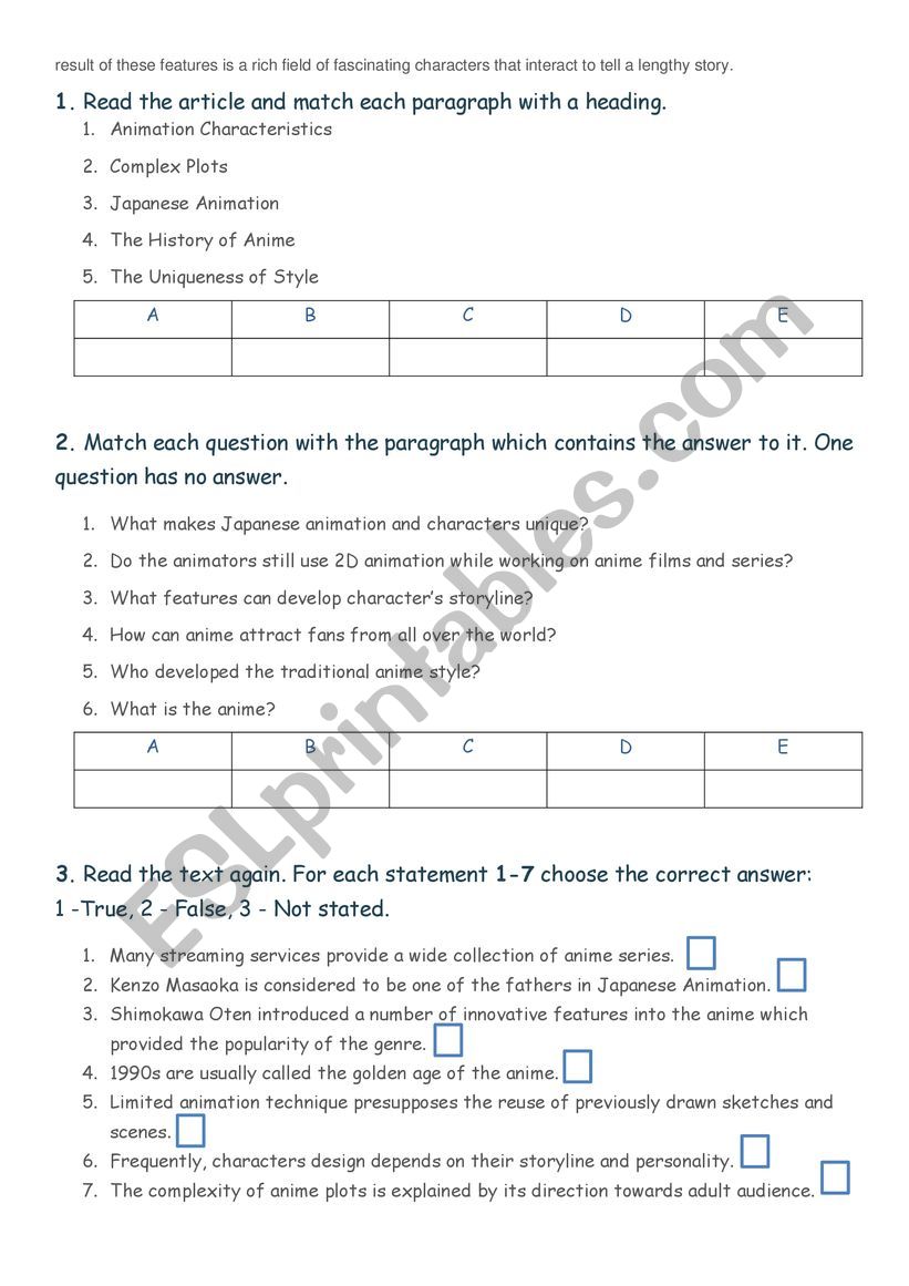 Anime Reading & Matching Activity - ESL worksheet by anniellet