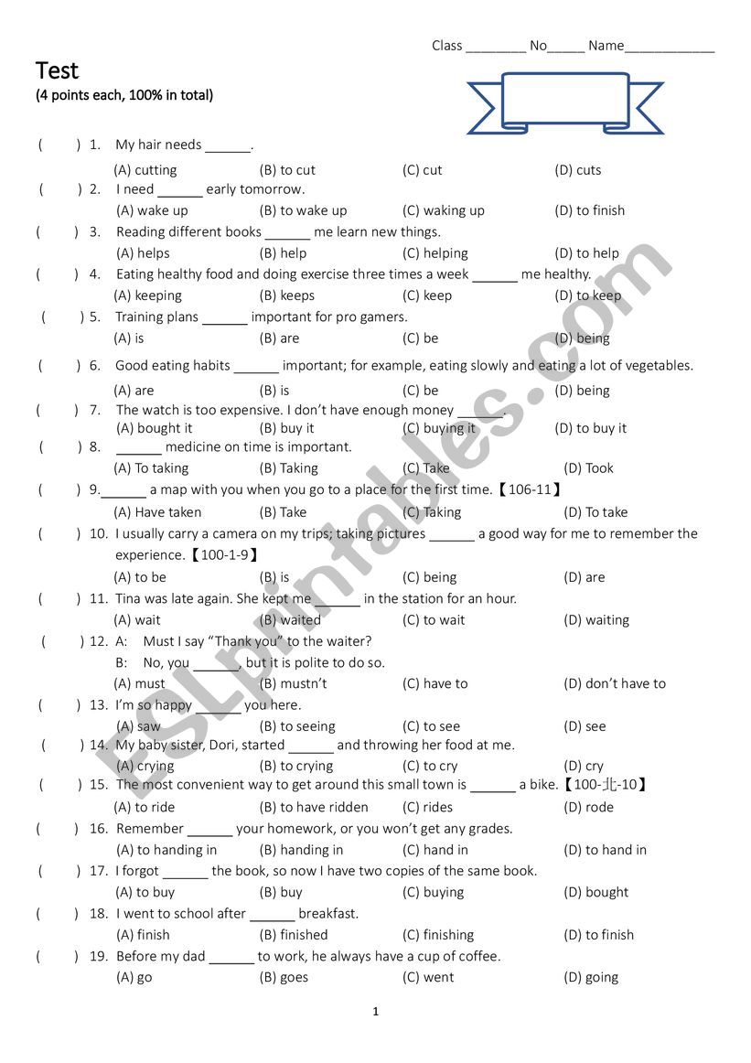 Infinitives & Gerunds worksheet