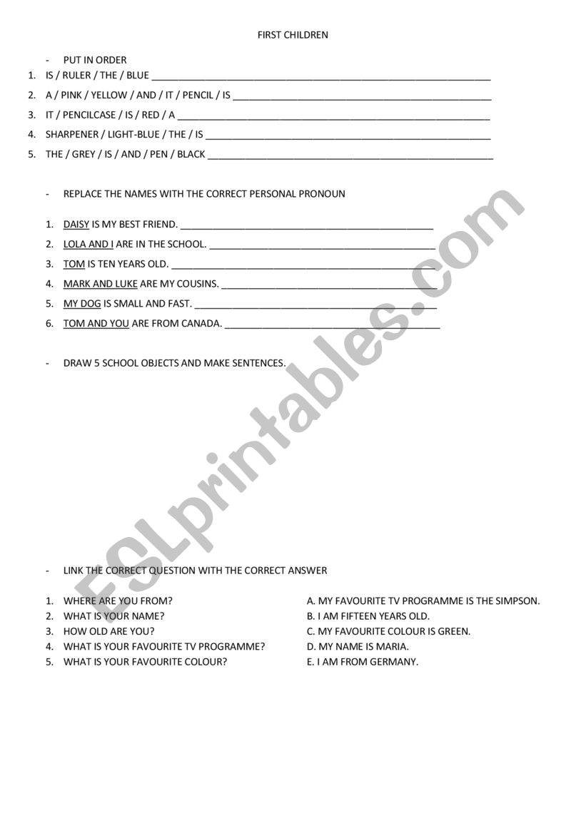 English Worksheet for children