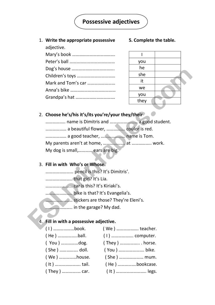 possessive adjectives worksheet