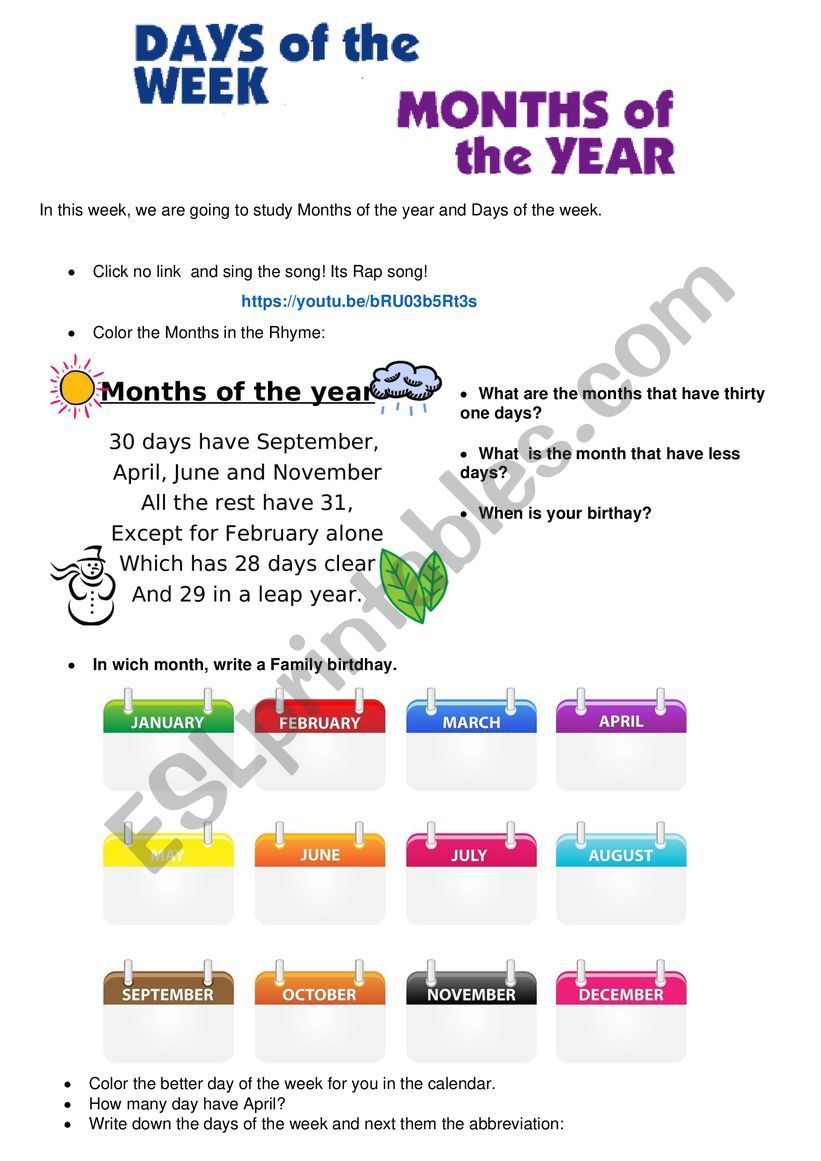 Months and Days of the week  worksheet