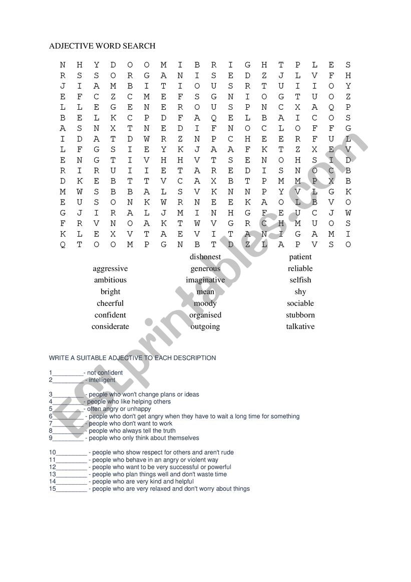 personality adjectives worksheet