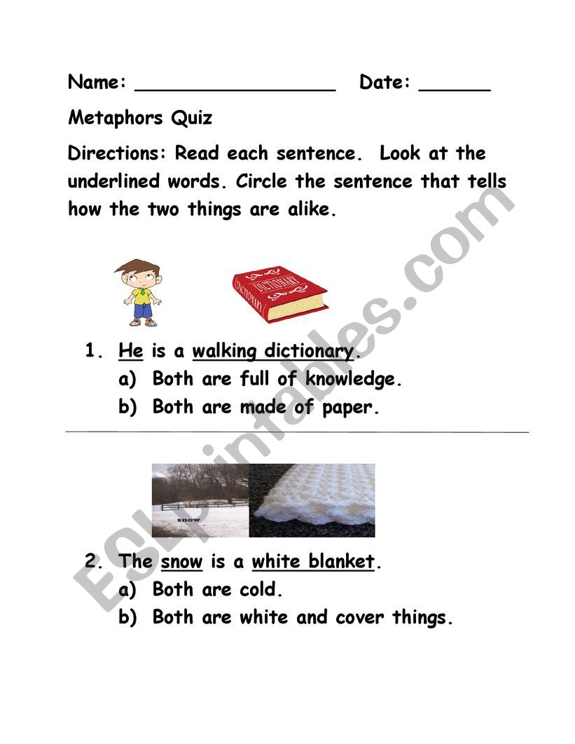 Metaphors Quiz First Grade  worksheet