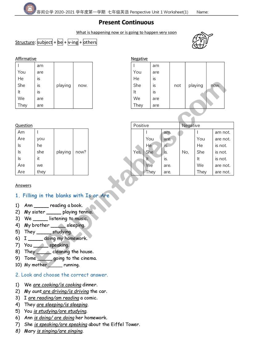 A worksheet for teaching present continuous