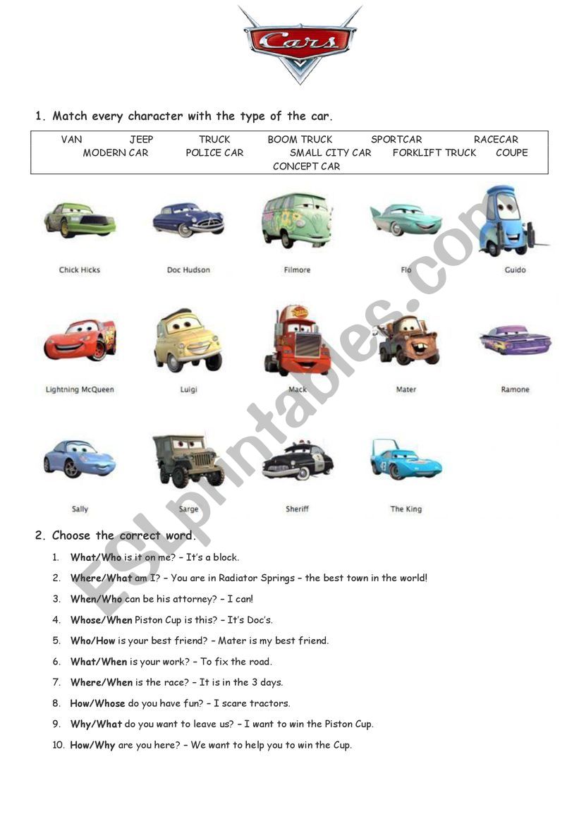 The Cars (grammar tasks Whquestions and movie discussion) ESL