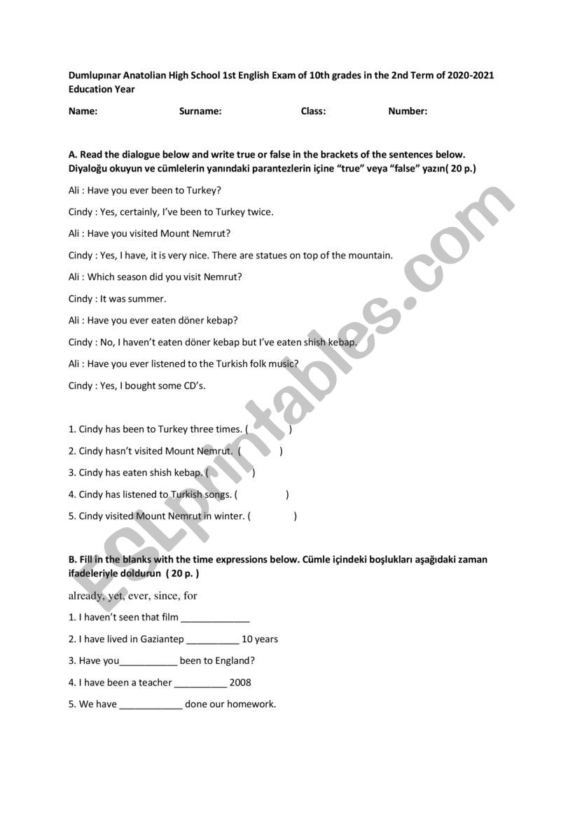 pre intermediate sample exam worksheet