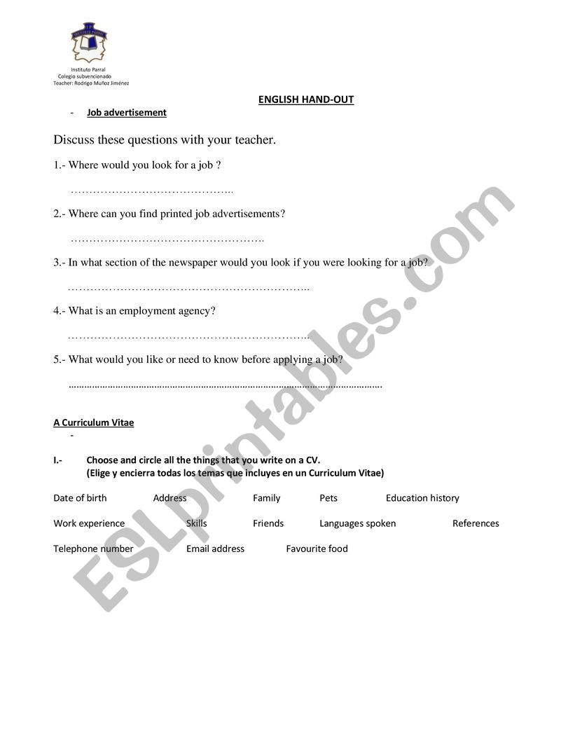 TAREA DE INGLES - C.V worksheet