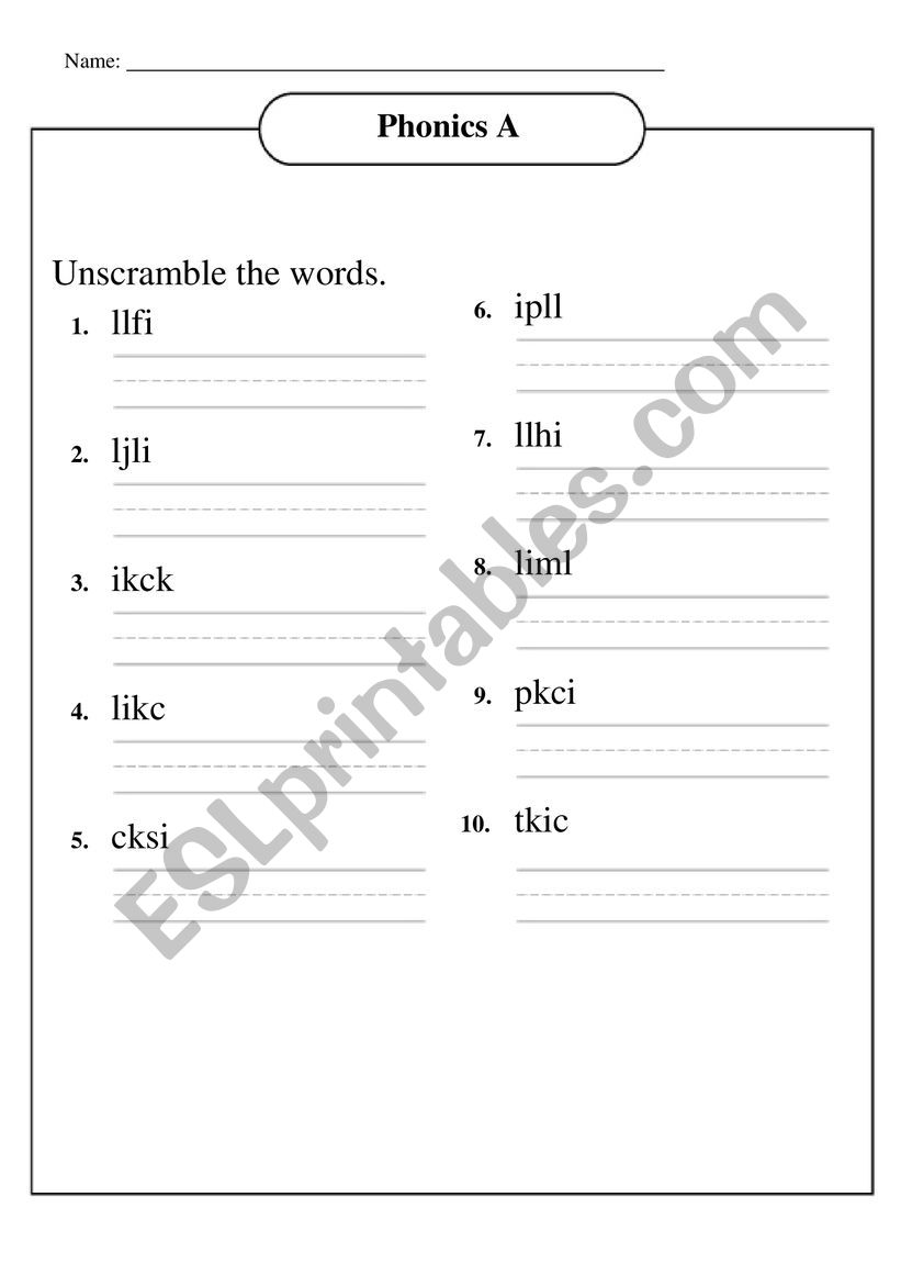 Unscramble words Short Vowel I - ink, ick