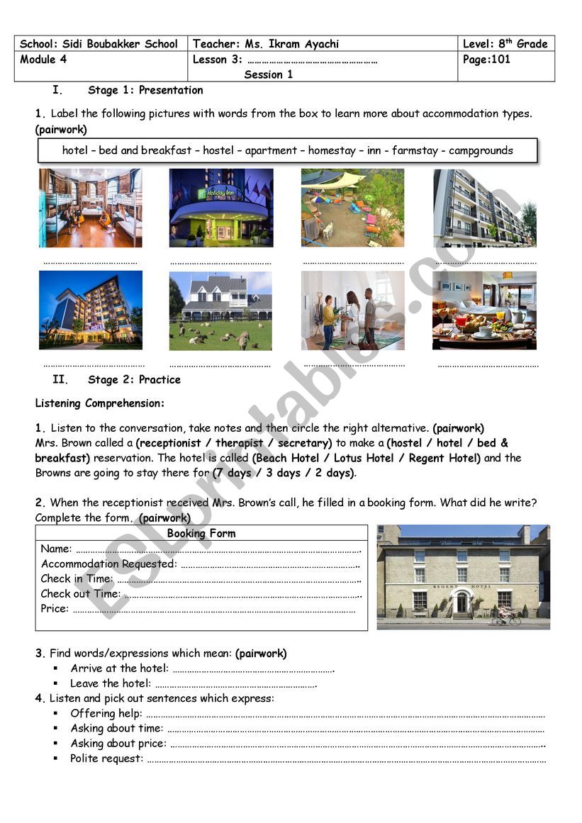 8th Grade - Module 4 - Lesson n° 3 - Accommodation - ESL worksheet by ...