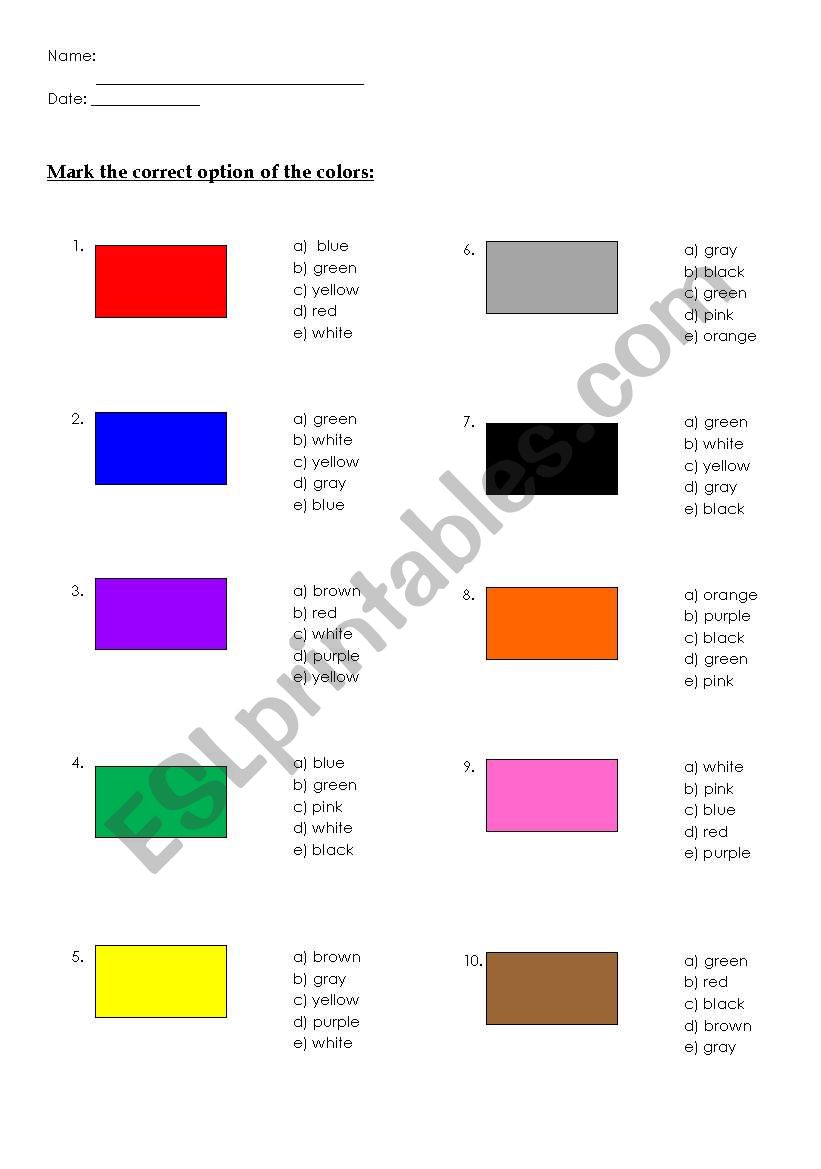 Multiple choice for colors worksheet
