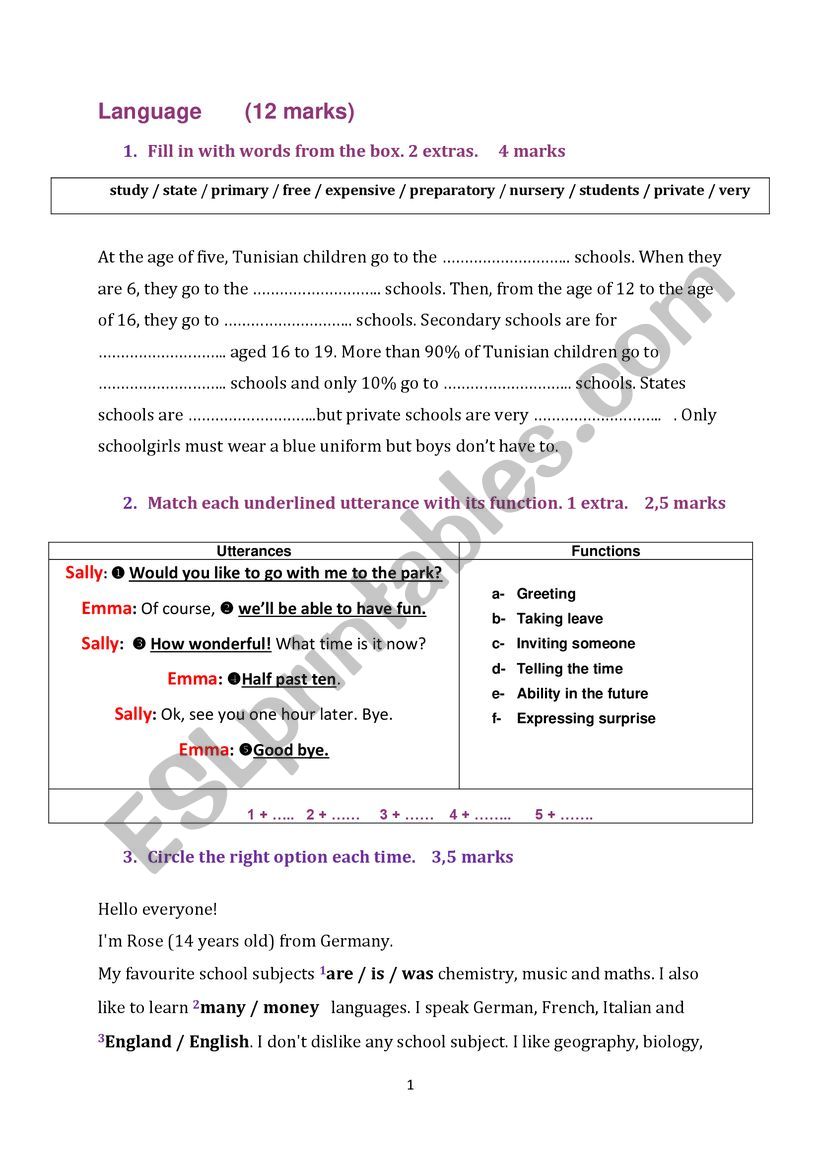 test 8th form worksheet