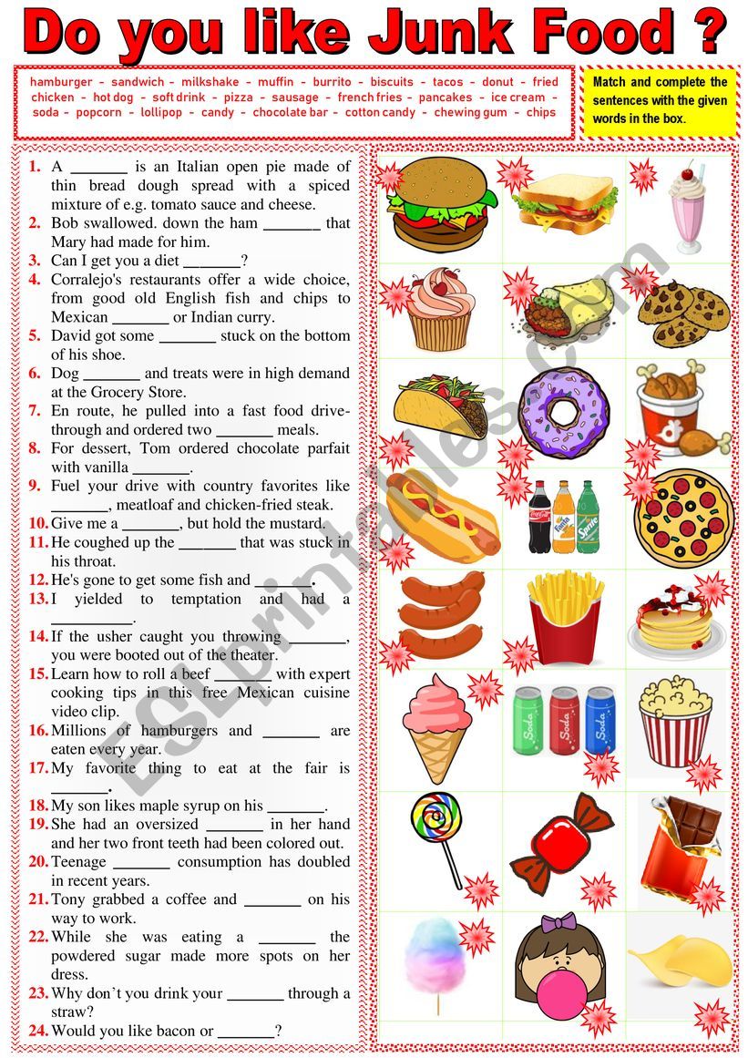 JUNK FOOD in sentences. Vocabulary matching + KEY - ESL worksheet by ...
