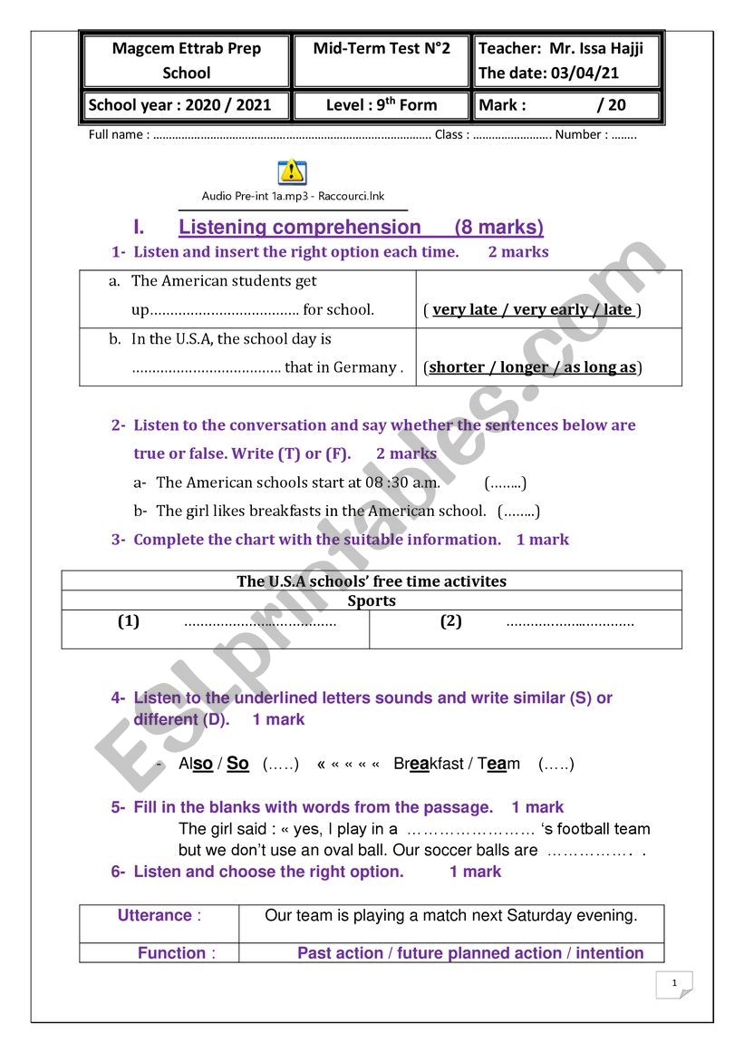test 2 for 9th formers  worksheet