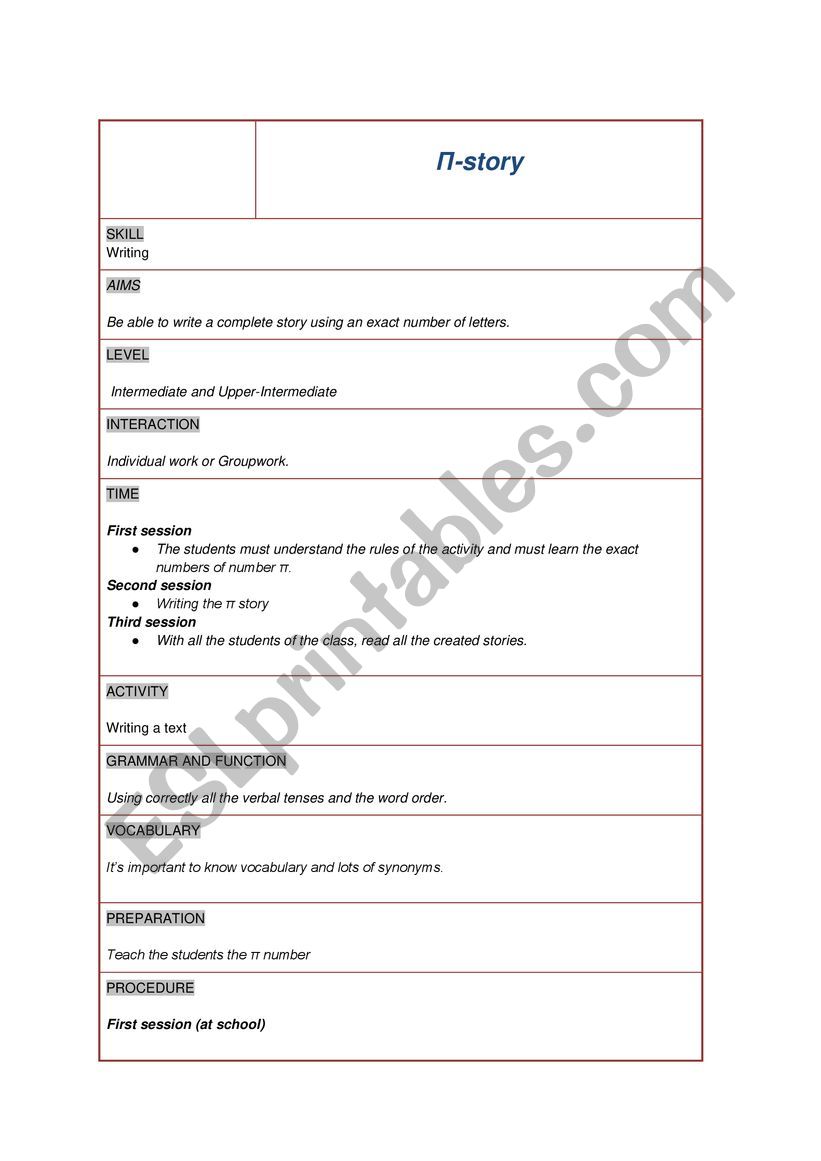 PI STORY worksheet