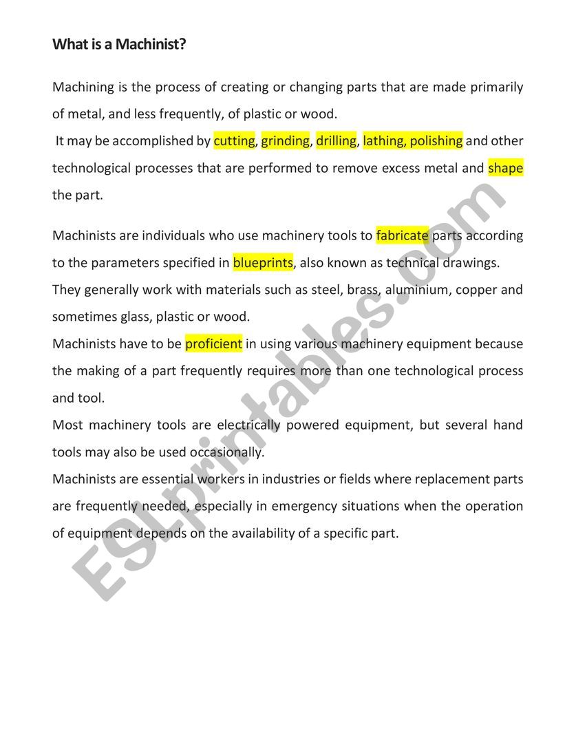 What is a Machinist worksheet