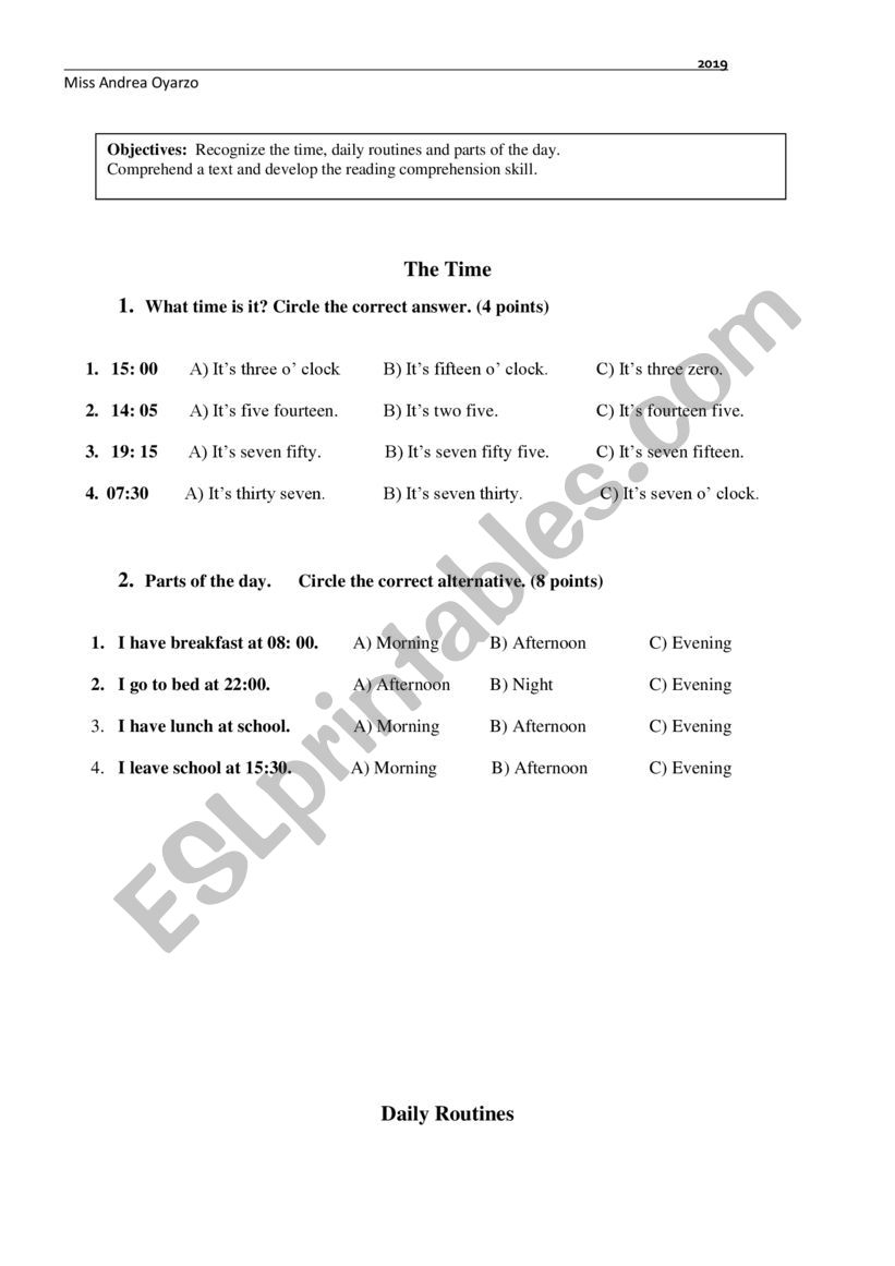 The time and rouines worksheet