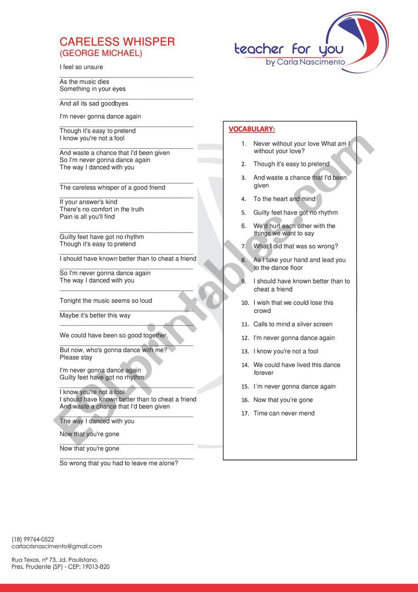SONG- CARELESS WHISPER worksheet