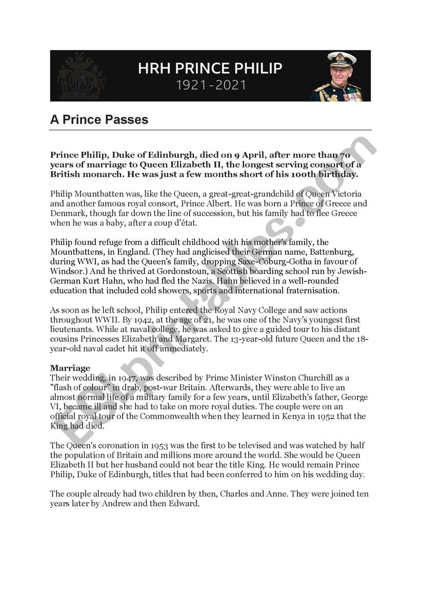 The life of Prince Philip worksheet