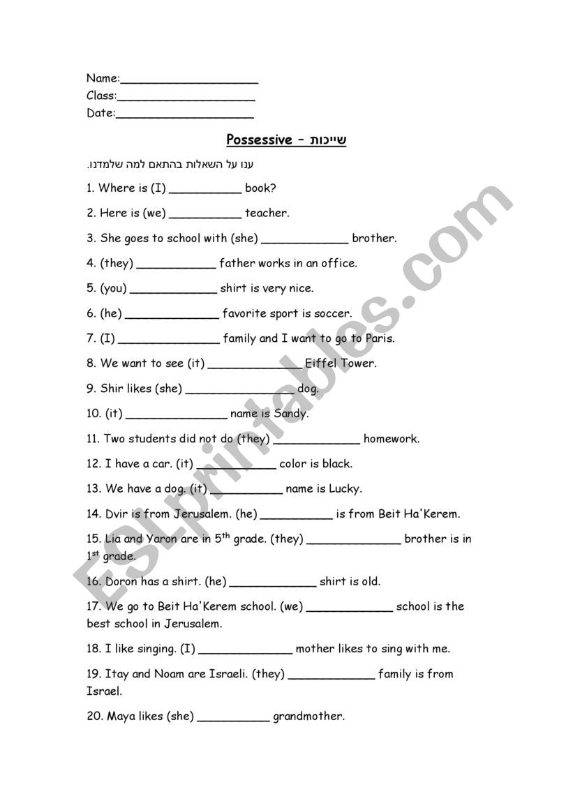 Possesives worksheet