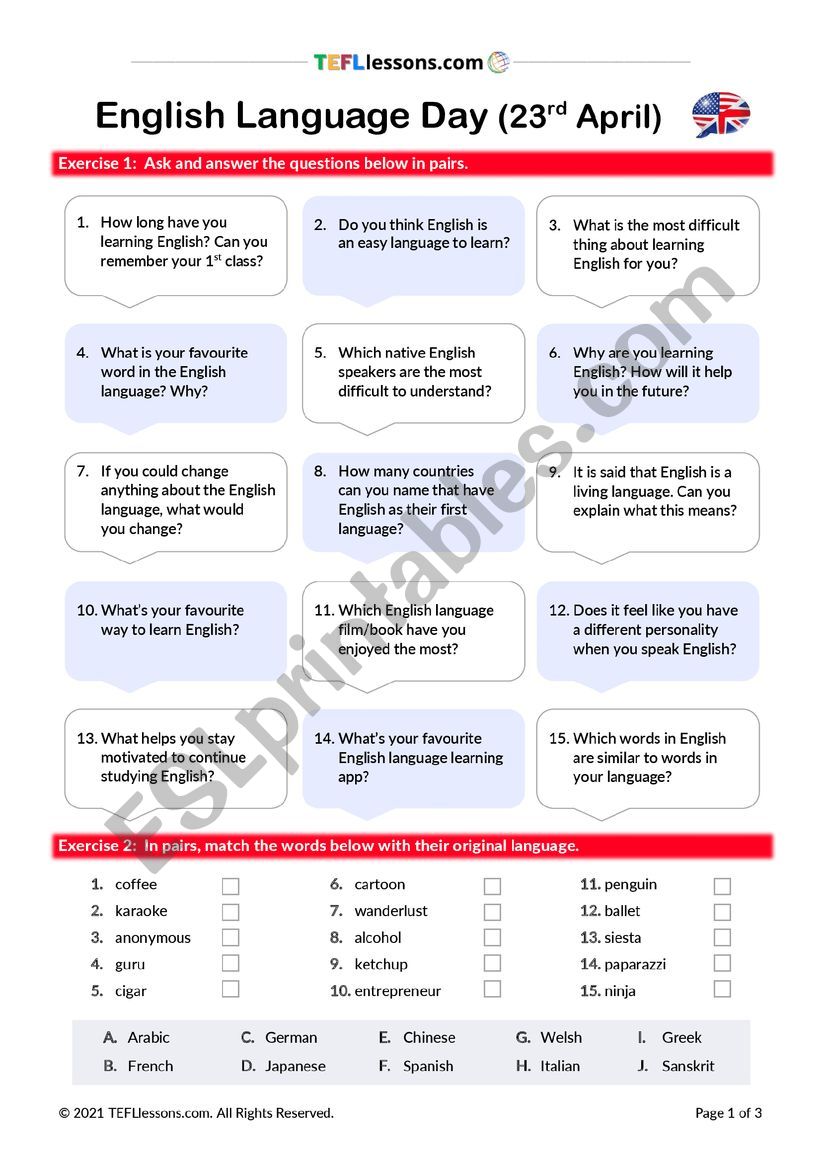 English Language Day worksheet