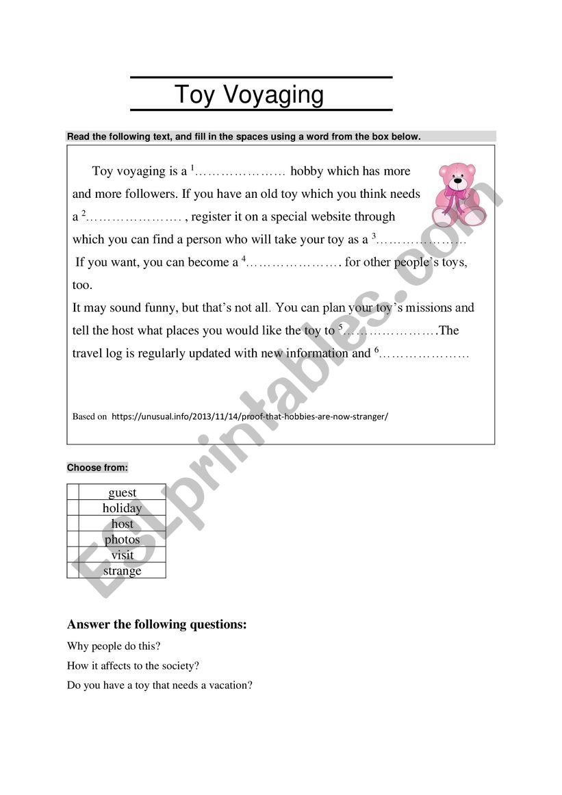 Unusual Hobby Toy Voyaging Esl Worksheet By Glutenfree