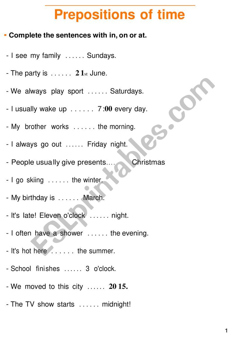 Prepositions of time worksheet