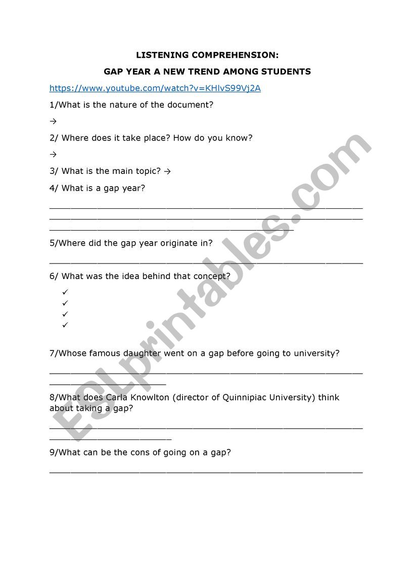 listening gap year worksheet