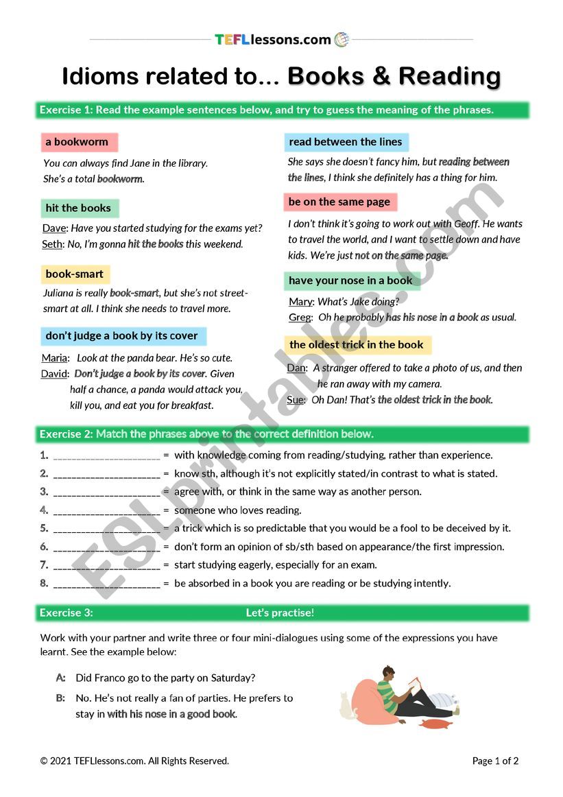 Books and Reading Idioms worksheet