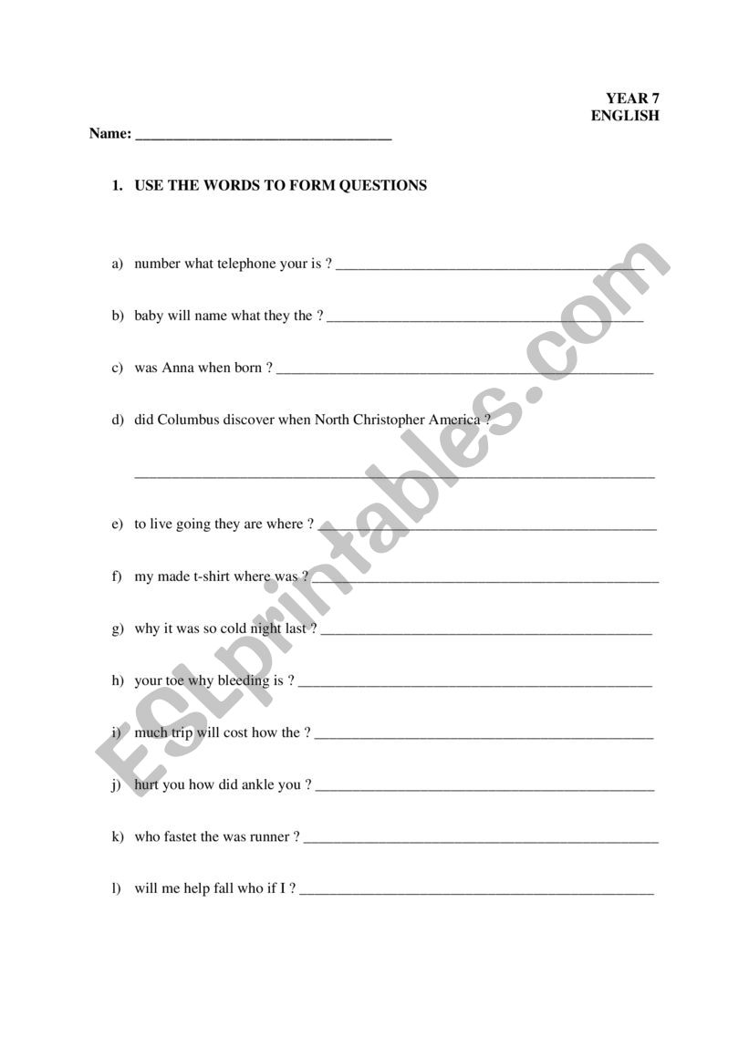 Word order- questions worksheet