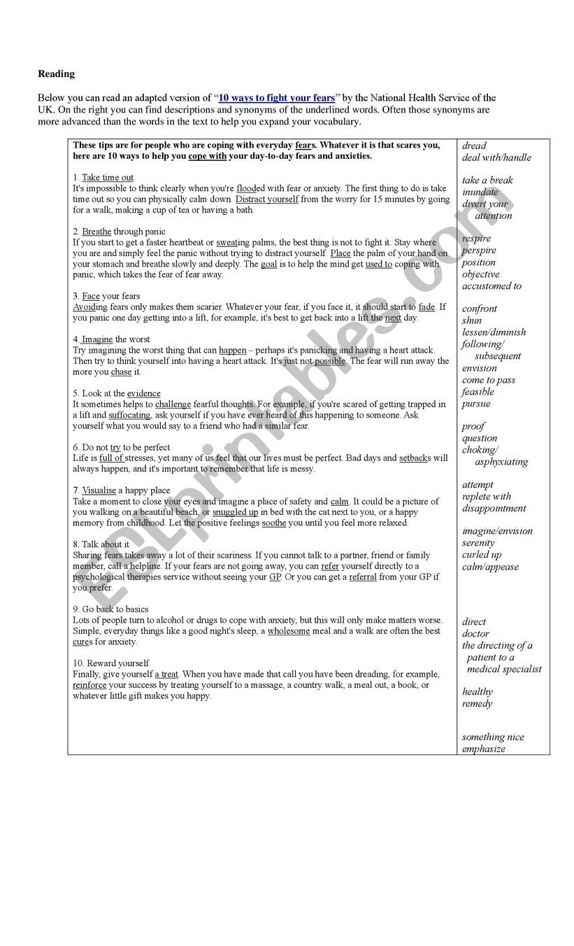 reading and writing - anxiety worksheet
