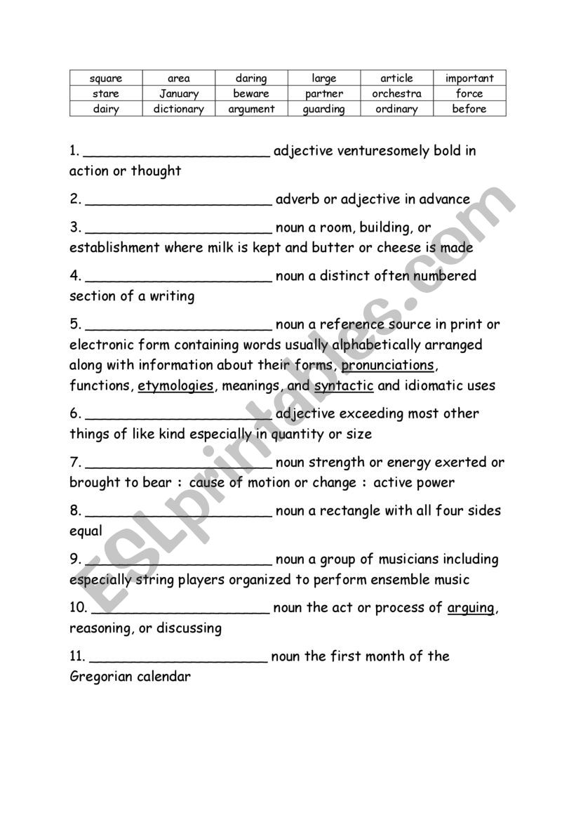 Grade Five Spelling Definitions Week 14