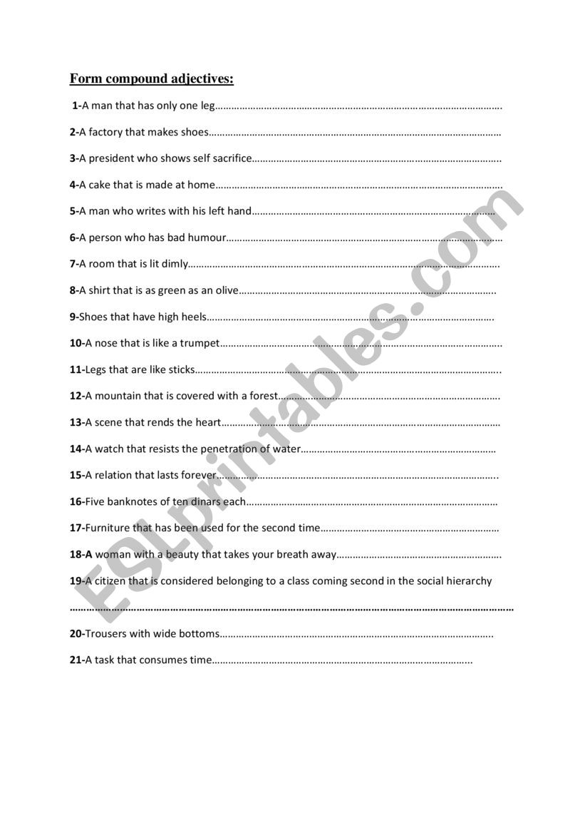 compund adjectives worksheet