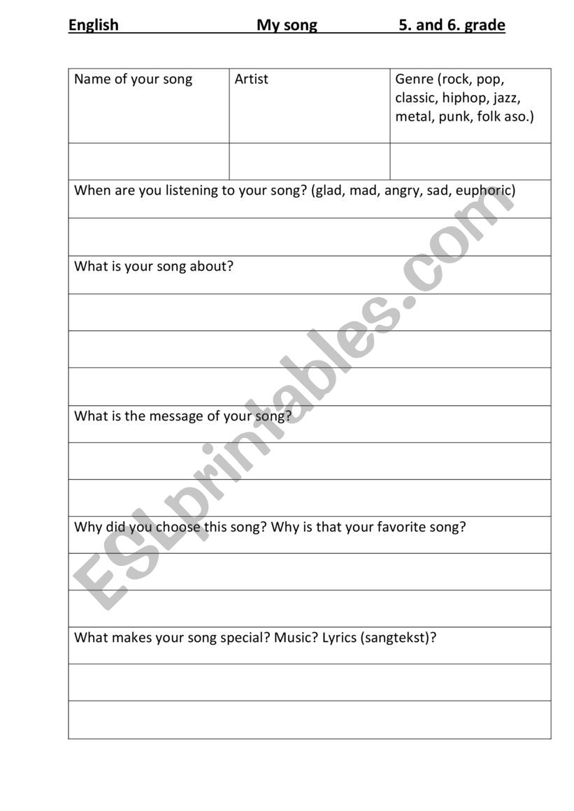 My favorite song worksheet