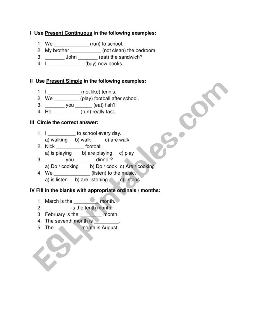 Present Simple and Continuous Mini Test Beginner/Elementary