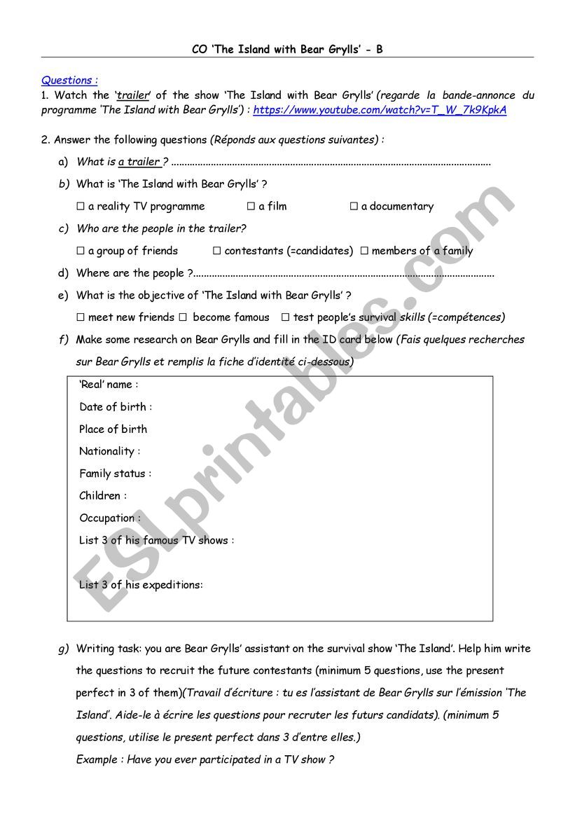 Oral Comprehension And Web Search I The Island With Bear Gryllsi Esl Worksheet By Kimouche16